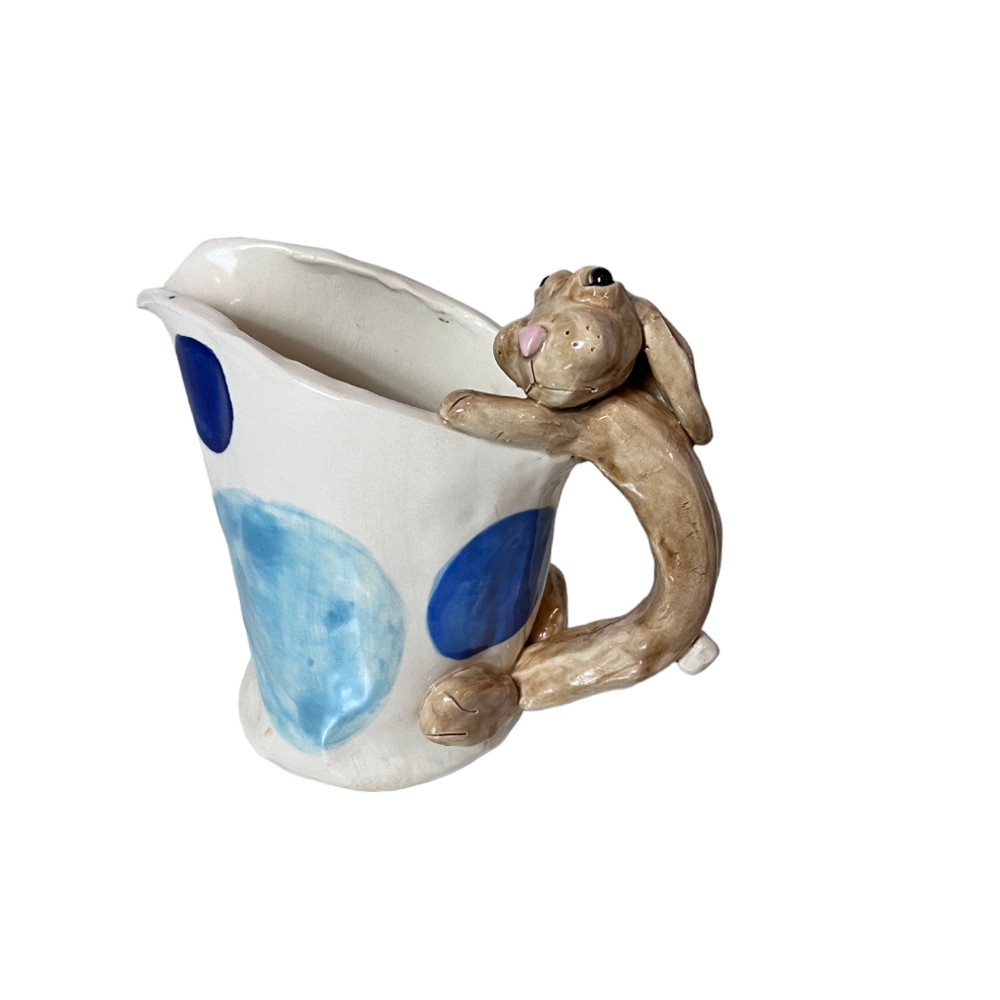 Handmade Pottery Pitcher Bunny Rabbit Handle Blue polka-dots Vase decor
